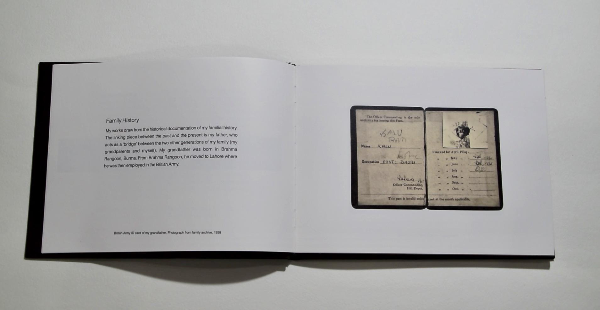 British Army ID card of Kano’s grandfather. The artist’s grandfather was born in Brahma Rangoon, Burma. In his early childhood, he moved to Lahore from Rangoon. At the age of 16 years old, he was employed in the British Army (Photograph from the family archive, 1939, ID Card documented in 2017).